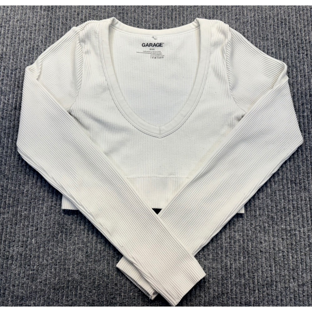 Garage White Ribbed V-Neck Long Sleeve Crop Top XS 100083912